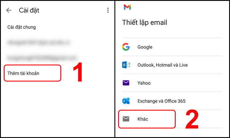 Sau đó chọn loại Khác trong thiết lập email